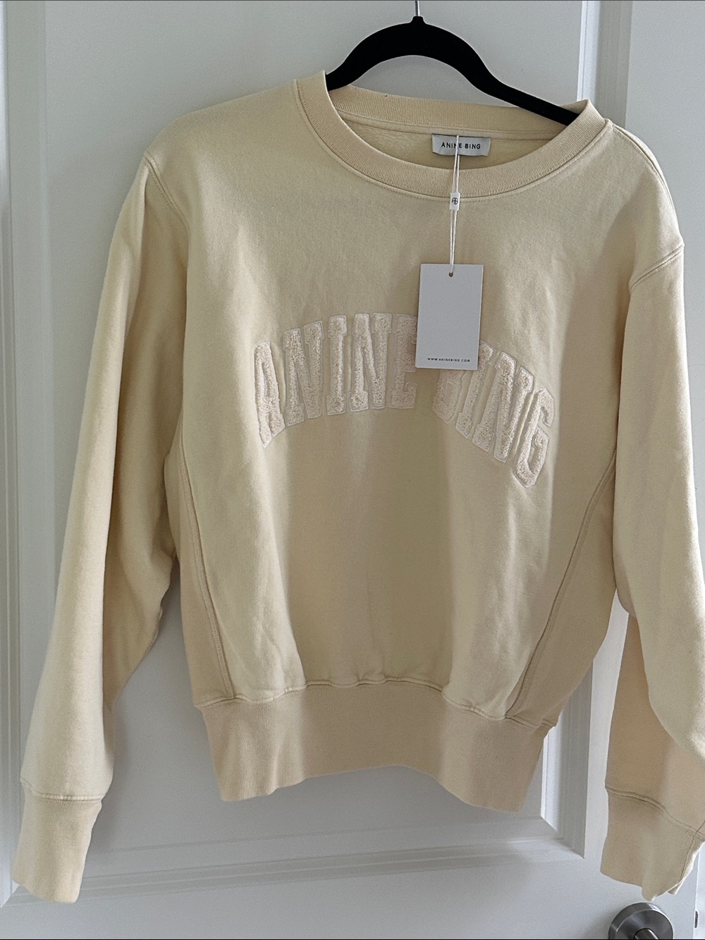 Anine Bing Cream Embroidered Logo Crewneck Sweatshirt